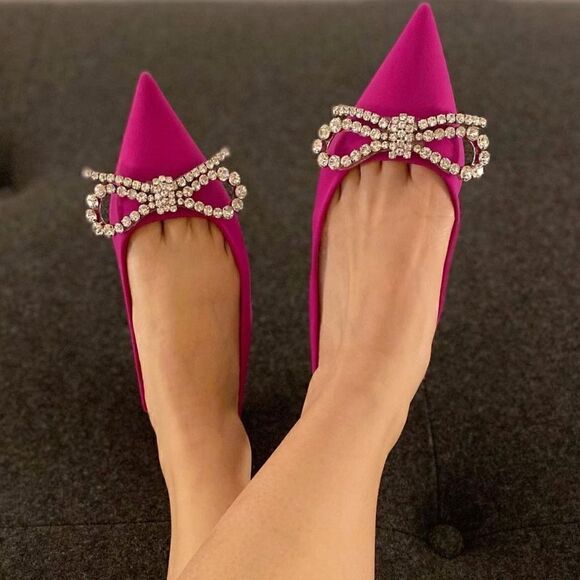 ZARA EMBELLISHED BOW FLAT MULES BARBIE BARBIECORE - Picture 1 of 8